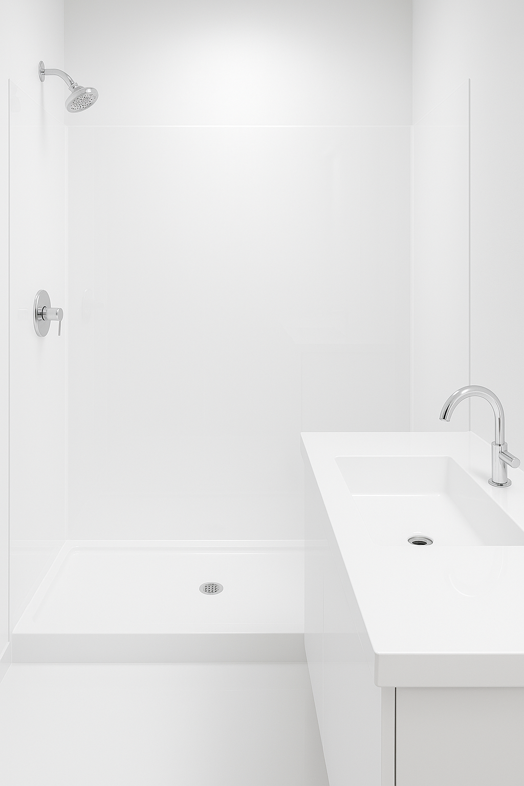 Bathroom with a shower base and wall panels